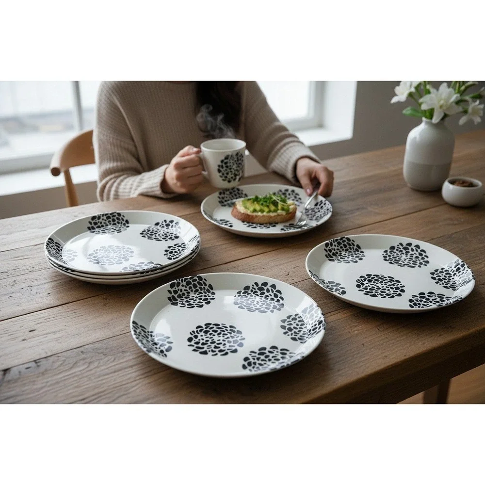 IKEA Melamine Appetizer Plates Set of 4 8in White Black Floral Very Good 21385